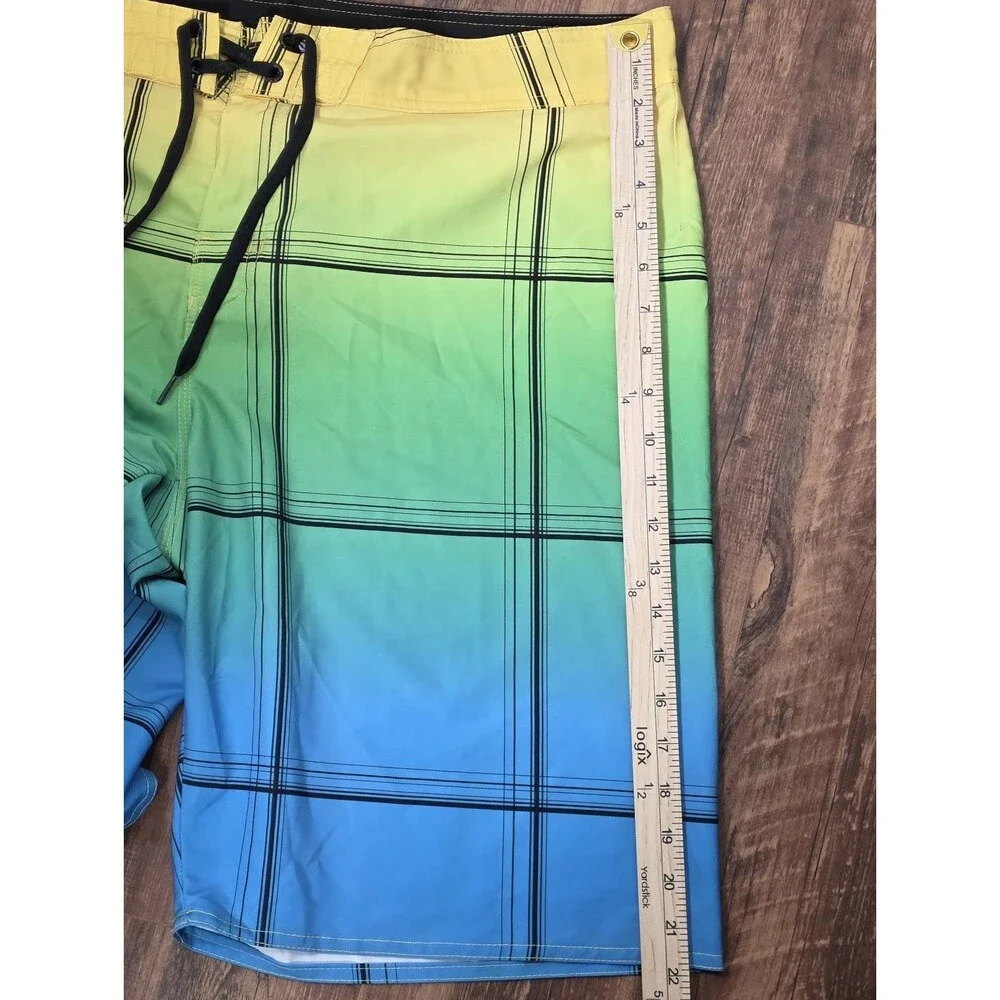 Hang Ten Men’s 38 Tri Color Ombre Gradient Grid Plaid Board Shorts Surf Swim